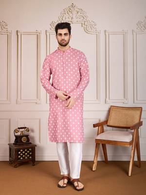 Pink smart and stylish printed cotton fabric kurta pajama for mens 1