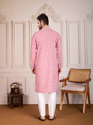 Pink smart and stylish printed cotton fabric kurta pajama for mens 2