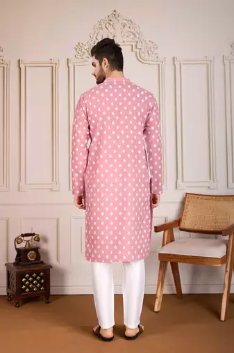 Pink smart and stylish printed cotton fabric kurta pajama for mens