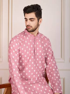 Pink smart and stylish printed cotton fabric kurta pajama for mens 3
