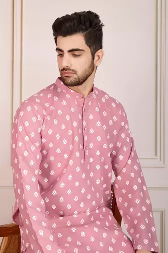 Pink smart and stylish printed cotton fabric kurta pajama for mens