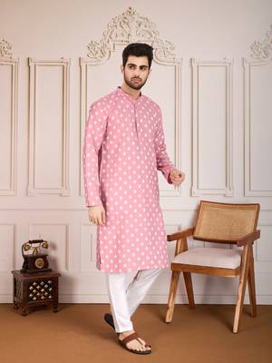 Pink smart and stylish printed cotton fabric kurta pajama for mens 4
