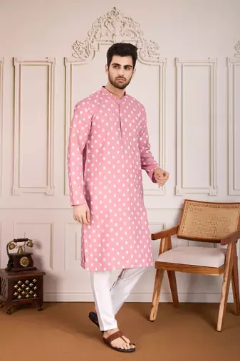 Pink smart and stylish printed cotton fabric kurta pajama for mens