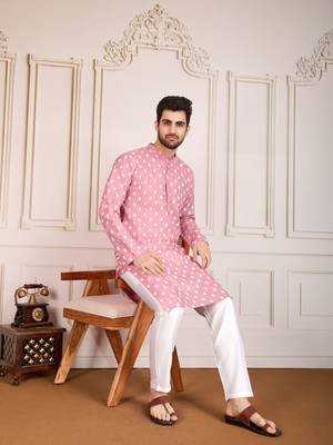 Pink smart and stylish printed cotton fabric kurta pajama for mens 5
