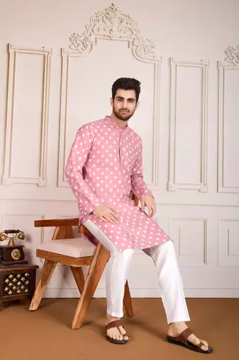 Pink smart and stylish printed cotton fabric kurta pajama for mens