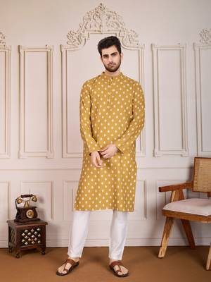 Brown smart and stylish printed cotton fabric kurta pajama for mens 1