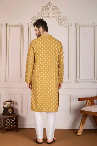 Brown smart and stylish printed cotton fabric kurta pajama for mens