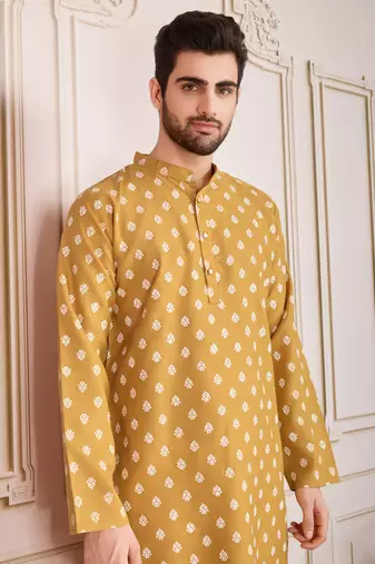 Brown smart and stylish printed cotton fabric kurta pajama for mens