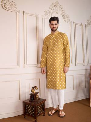 Brown smart and stylish printed cotton fabric kurta pajama for mens 4