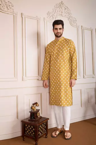 Brown smart and stylish printed cotton fabric kurta pajama for mens
