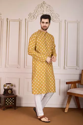 Brown smart and stylish printed cotton fabric kurta pajama for mens
