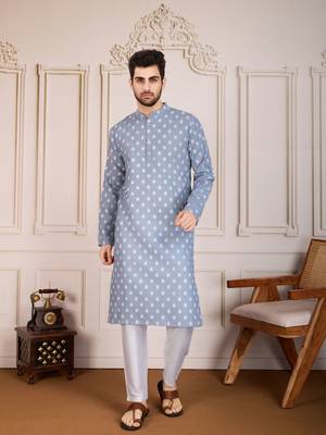 Blue smart and stylish printed cotton fabric kurta payjama for mens 1