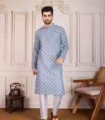 Blue smart and stylish printed cotton fabric kurta payjama for mens