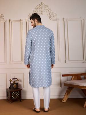Blue smart and stylish printed cotton fabric kurta payjama for mens 2
