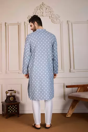 Blue smart and stylish printed cotton fabric kurta payjama for mens