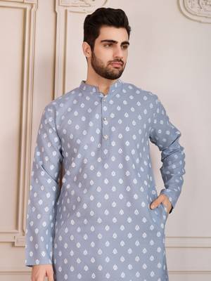 Blue smart and stylish printed cotton fabric kurta payjama for mens 3
