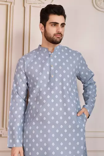 Blue smart and stylish printed cotton fabric kurta payjama for mens