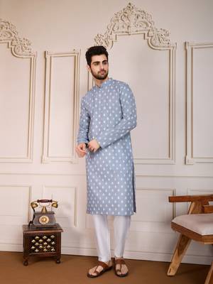 Blue smart and stylish printed cotton fabric kurta payjama for mens 4