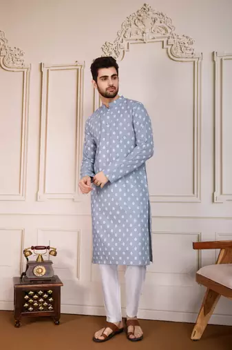 Blue smart and stylish printed cotton fabric kurta payjama for mens
