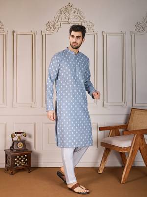 Blue smart and stylish printed cotton fabric kurta payjama for mens 5