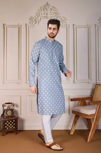 Blue smart and stylish printed cotton fabric kurta payjama for mens