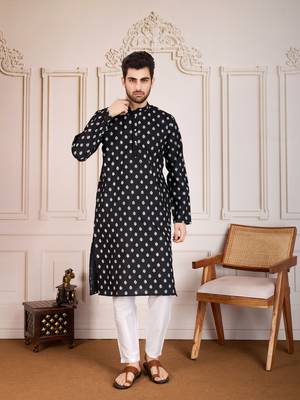 Black smart and stylish printed cotton fabric kurta pajama for mens 1