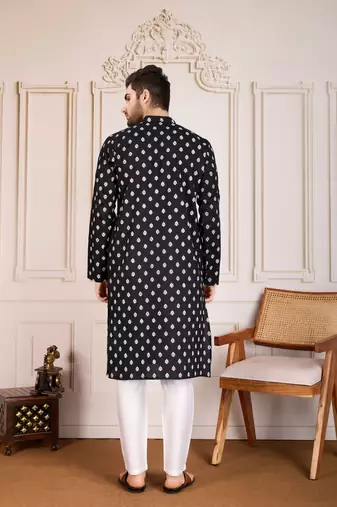 Black smart and stylish printed cotton fabric kurta pajama for mens