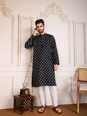 Black smart and stylish printed cotton fabric kurta pajama for mens 4
