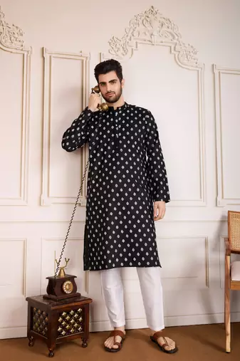 Black smart and stylish printed cotton fabric kurta pajama for mens