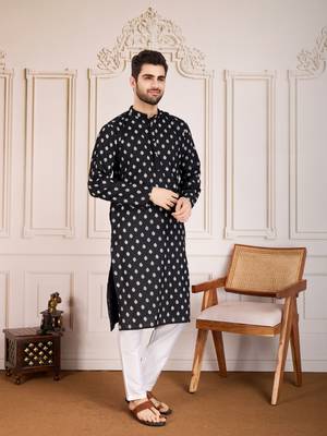 Black smart and stylish printed cotton fabric kurta pajama for mens 5