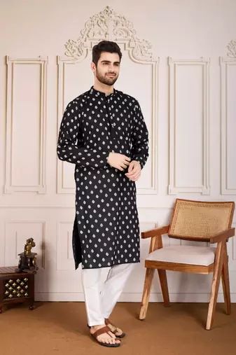 Black smart and stylish printed cotton fabric kurta pajama for mens