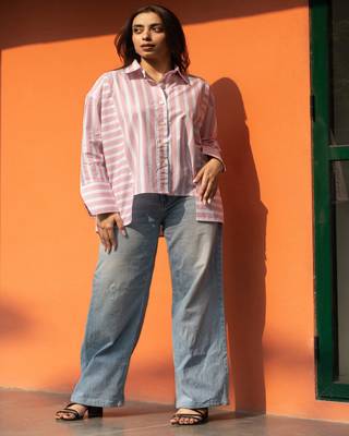 Baby pink cotton oversized striped shirt 1