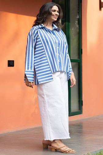 powder blue cotton oversized striped shirt