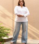 White cotton solid mandarin collar top