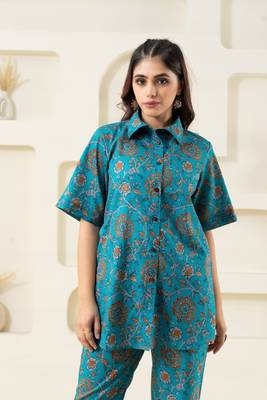 Cyan block printed pure cotton top 1