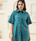 Cyan block printed pure cotton top