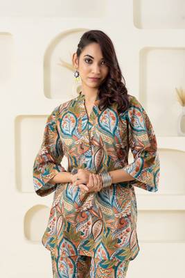 Olive printed pure cotton top 1
