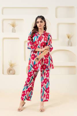 Pink flower printed pure cotton flared top 1