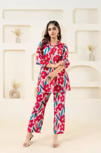 Pink flower printed pure cotton flared top
