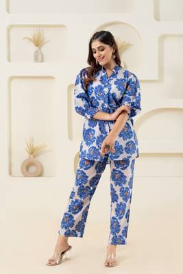 White floral printed pure cotton stand collar (shirt) 1