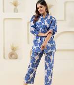 White floral printed pure cotton stand collar (shirt)