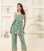 Mint floral grid printed pure cotton sleevelss top