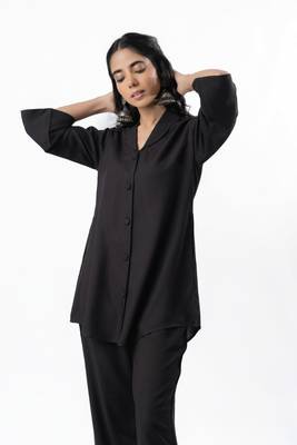 Black shawl collar shirt with curved sleeves 1