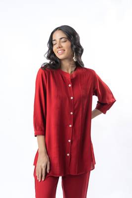 Maroon pleated band collar shirt 1