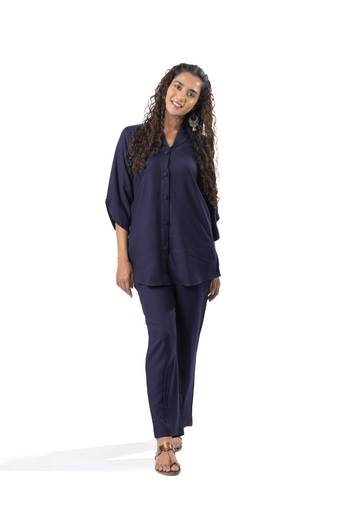 Navy blue shawl collar shirt with curved sleeves