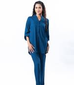 Sapphire shawl collar shirtt with curved sleeves