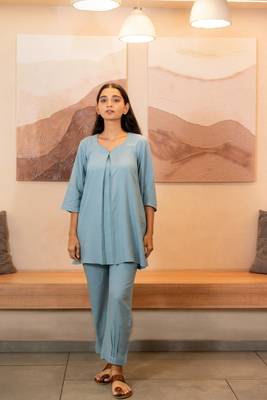 Sky Blue sweetheart neck with flared sleeve top 1