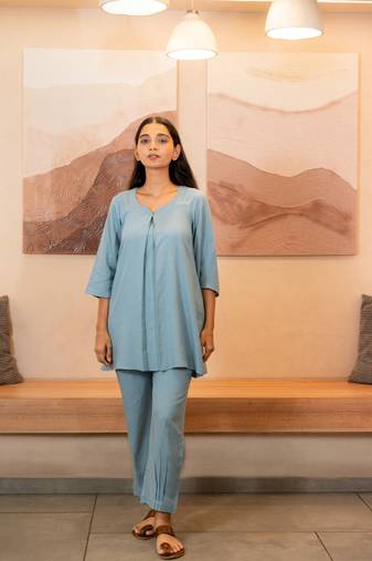 Sky Blue sweetheart neck with flared sleeve top