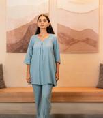 Sky Blue sweetheart neck with flared sleeve top