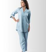 Light blue shawl collar shirt with curved sleeves